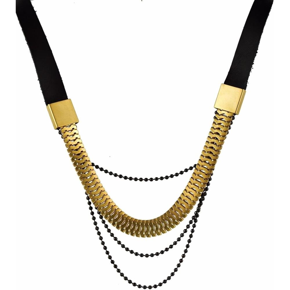 HAGAR SATAT Gold Gunmetal 4 Strand Chain with Black Leather Necklace NWT